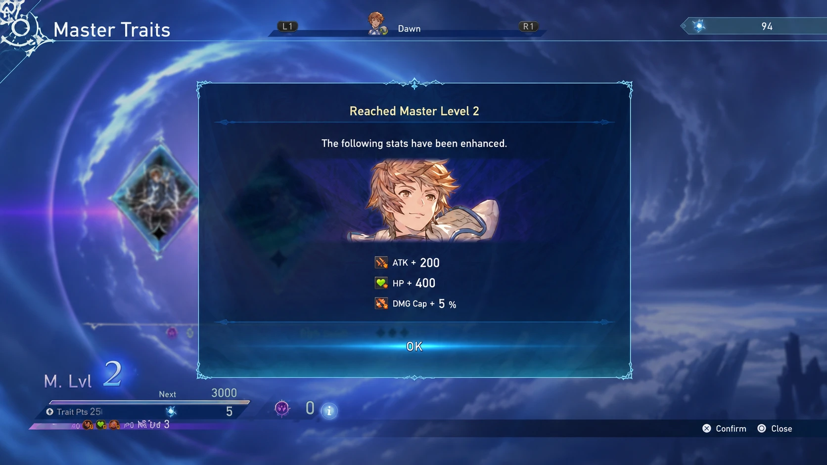 granblue fantasy relink endless ragnarok preview - a menu showing a talent leveling up