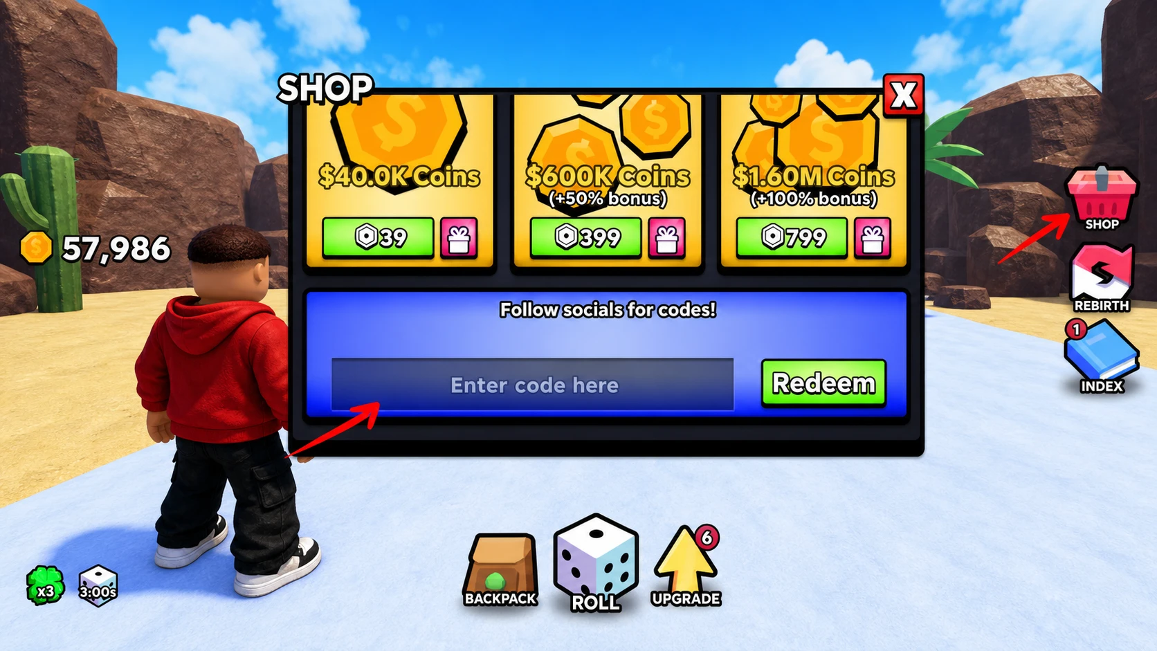 The Slime RNG code redemption screen showing a text entry box at the bottom of the Shop menu