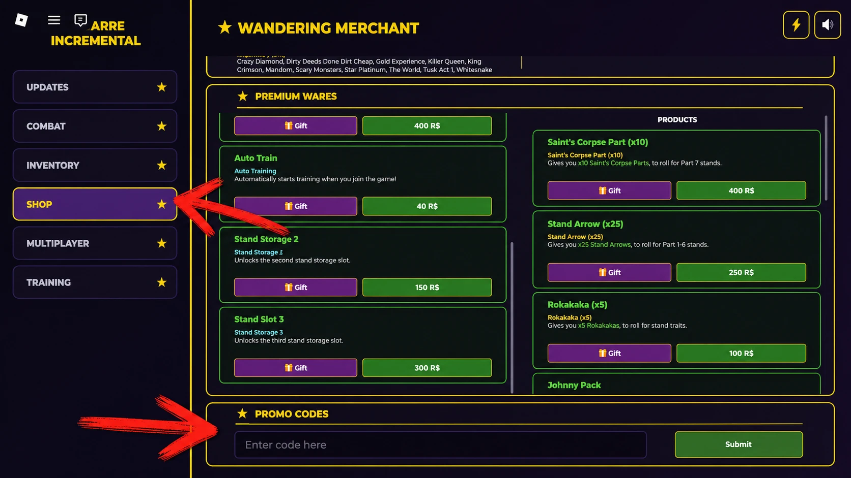 How to redeem codes in Jojo's Bizarre Incremental