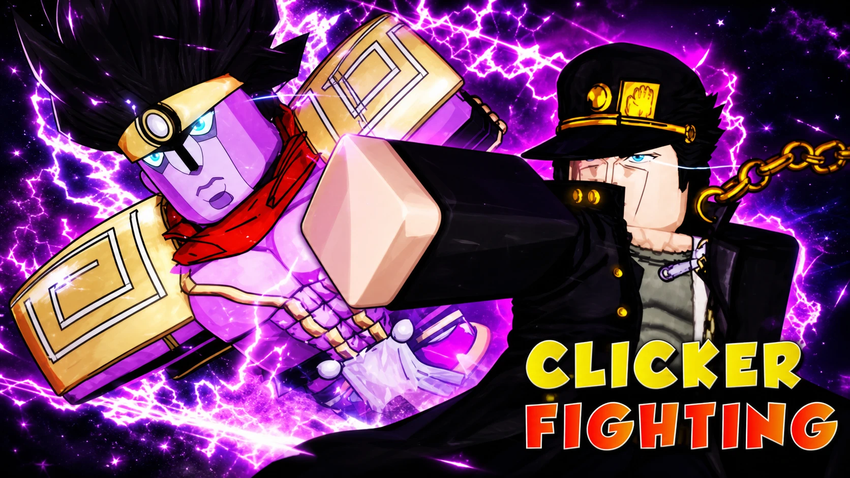 Key art for Roblox Clicker Fighting Simulator games with two battling characters for best Roblox clicker games guide