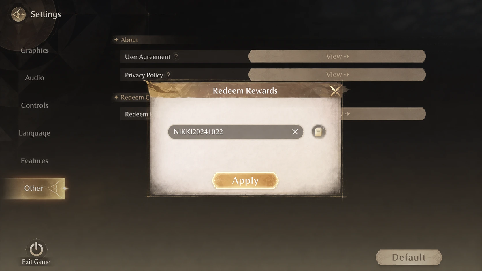 Infinity Nikki code redemption screen