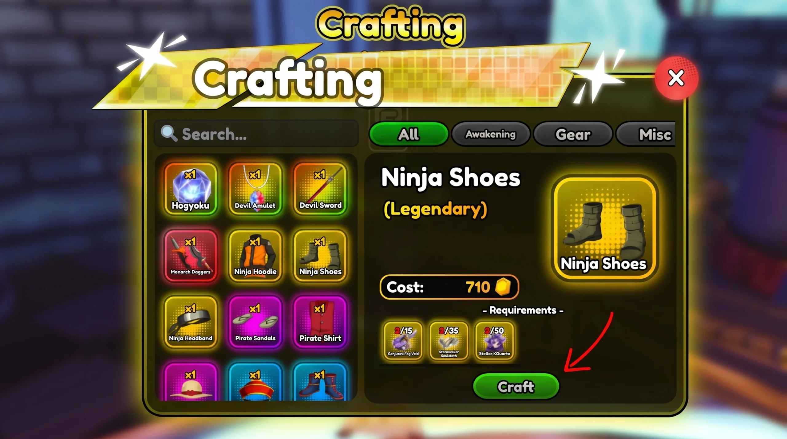 Gear craft button in Anime Squadron