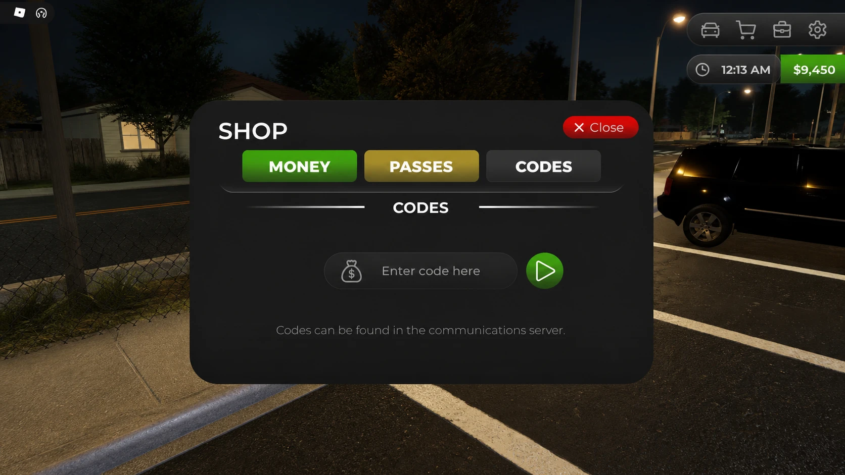 The code entry box inside Mojave Valley's Shop menu