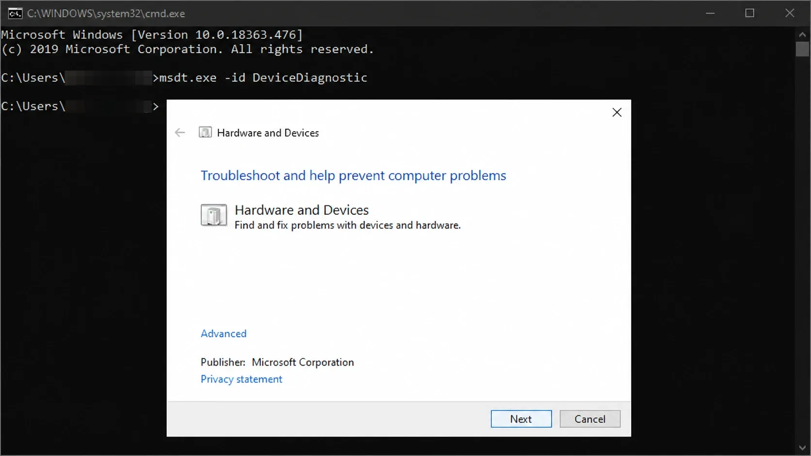 Hardware and Devices Troubleshooter
