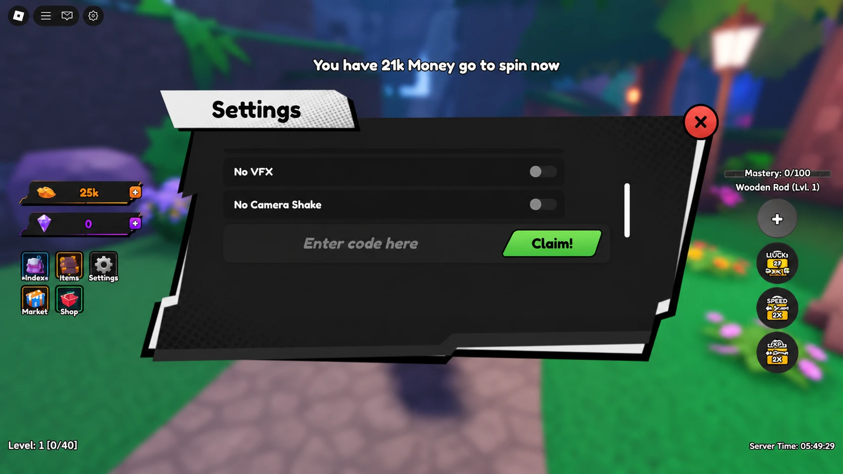 Titan Fishing code entry field at the bottom of the Settings panel