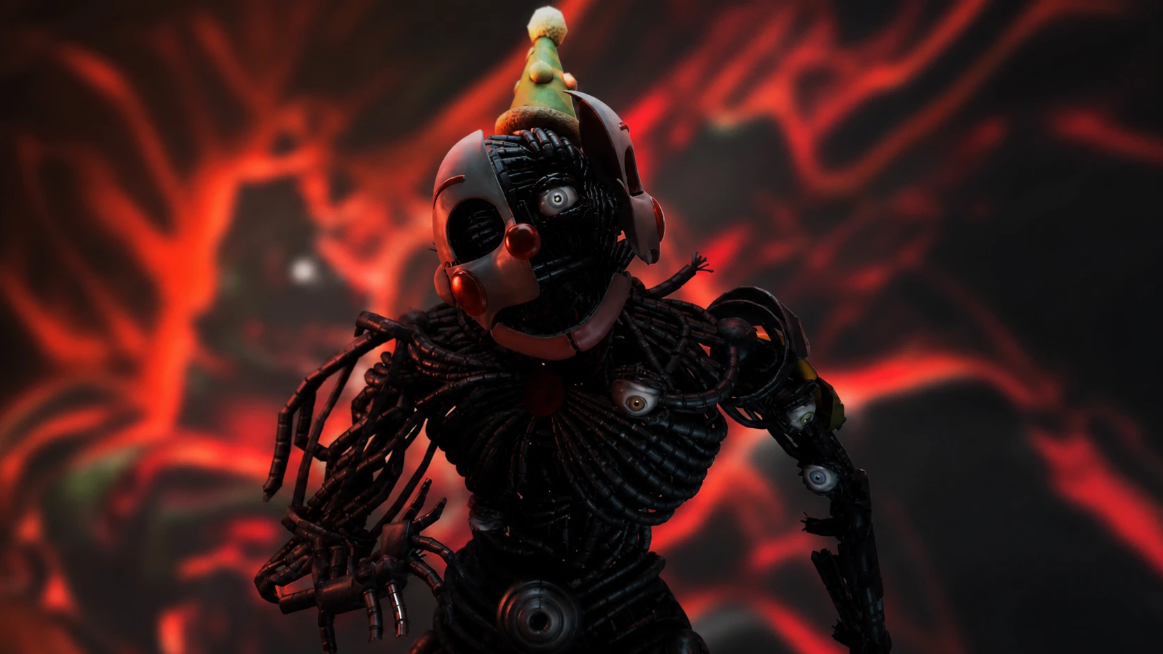 Bite by Night killers: a robot with half a face in front of a blurred background