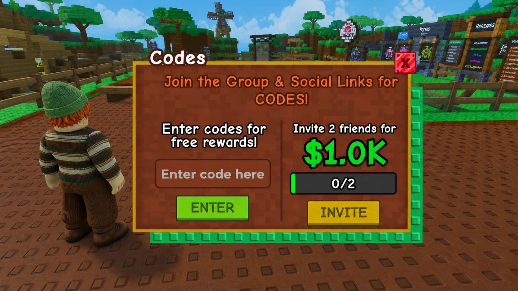 Horse RNG codes redemption screen with Pocket Tactics filled in to show where the code goes
