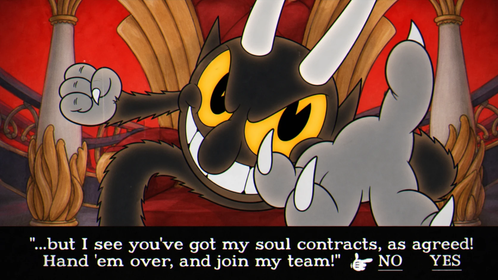 Cuphead's Devil with his hand stretched out offering Cuphead and Mugman the chance to join his service to save their souls