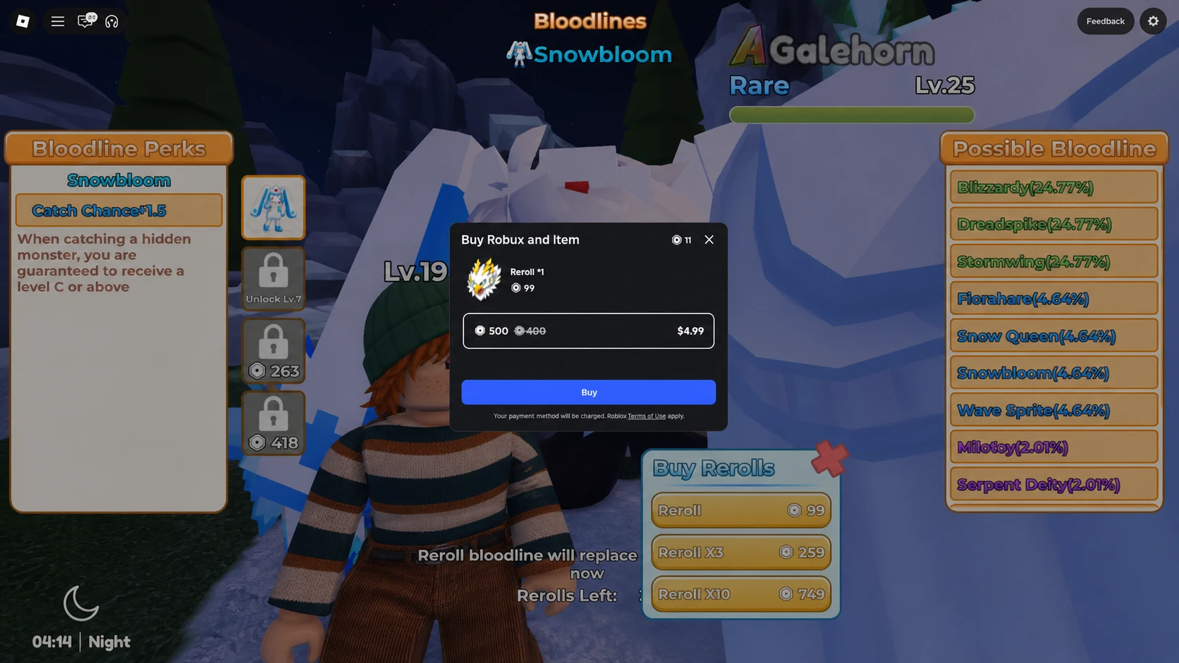 image showing Bloodline Reroll purchase option in Blox Monsters