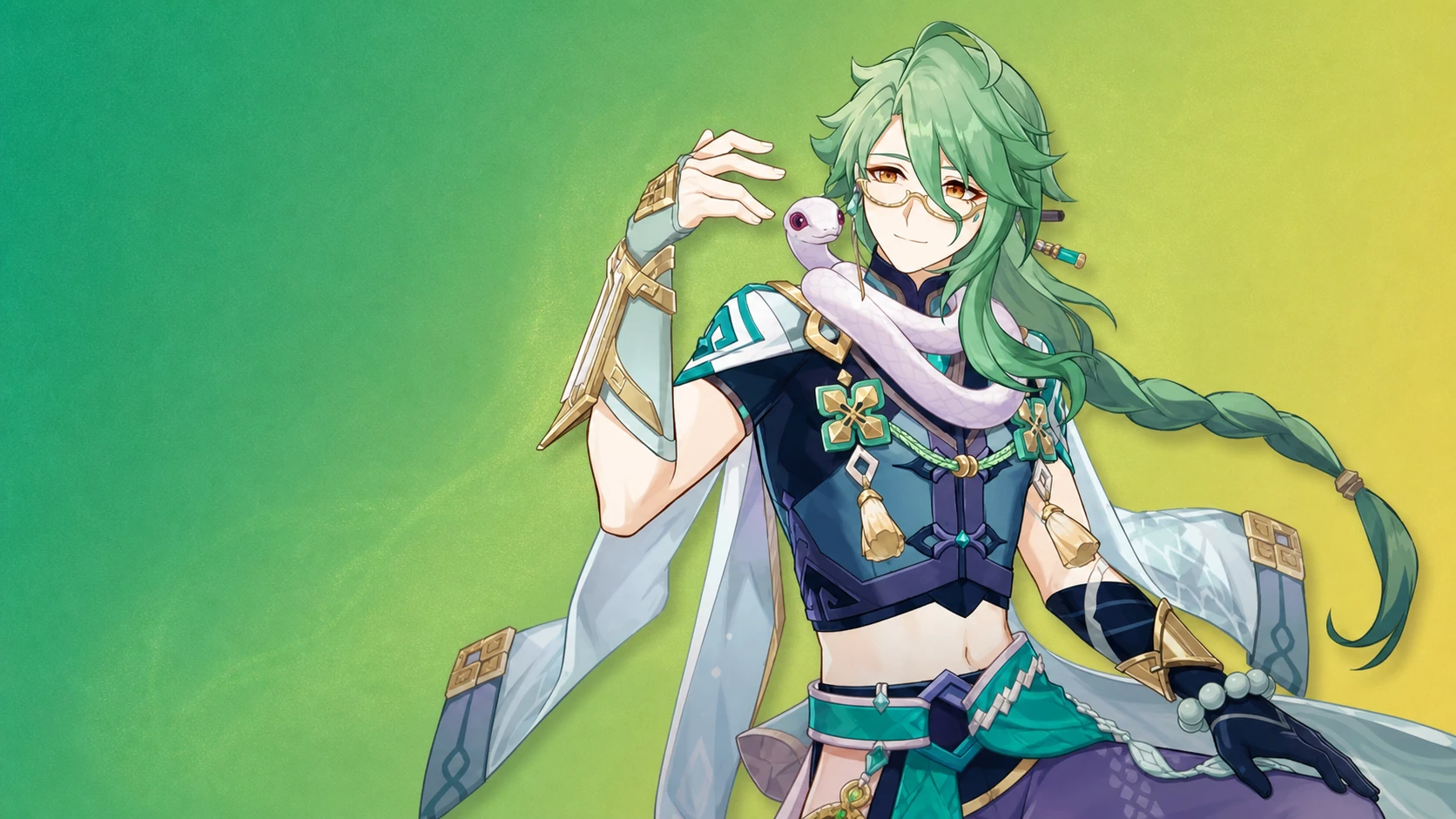 Genshin Impact tier list - Baizhu with a snake against a green background with the Pocket Tactics logo