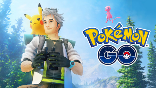 Pokemon Mew: Mew hovering above the Pokemon Go logo behind a man and Pikachu