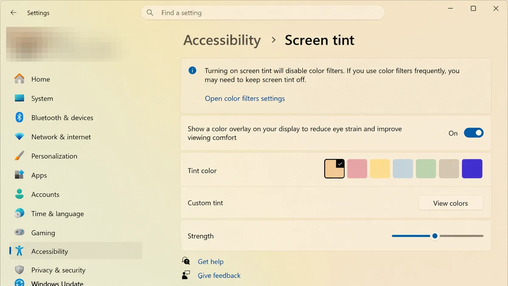 Screen Tint settings