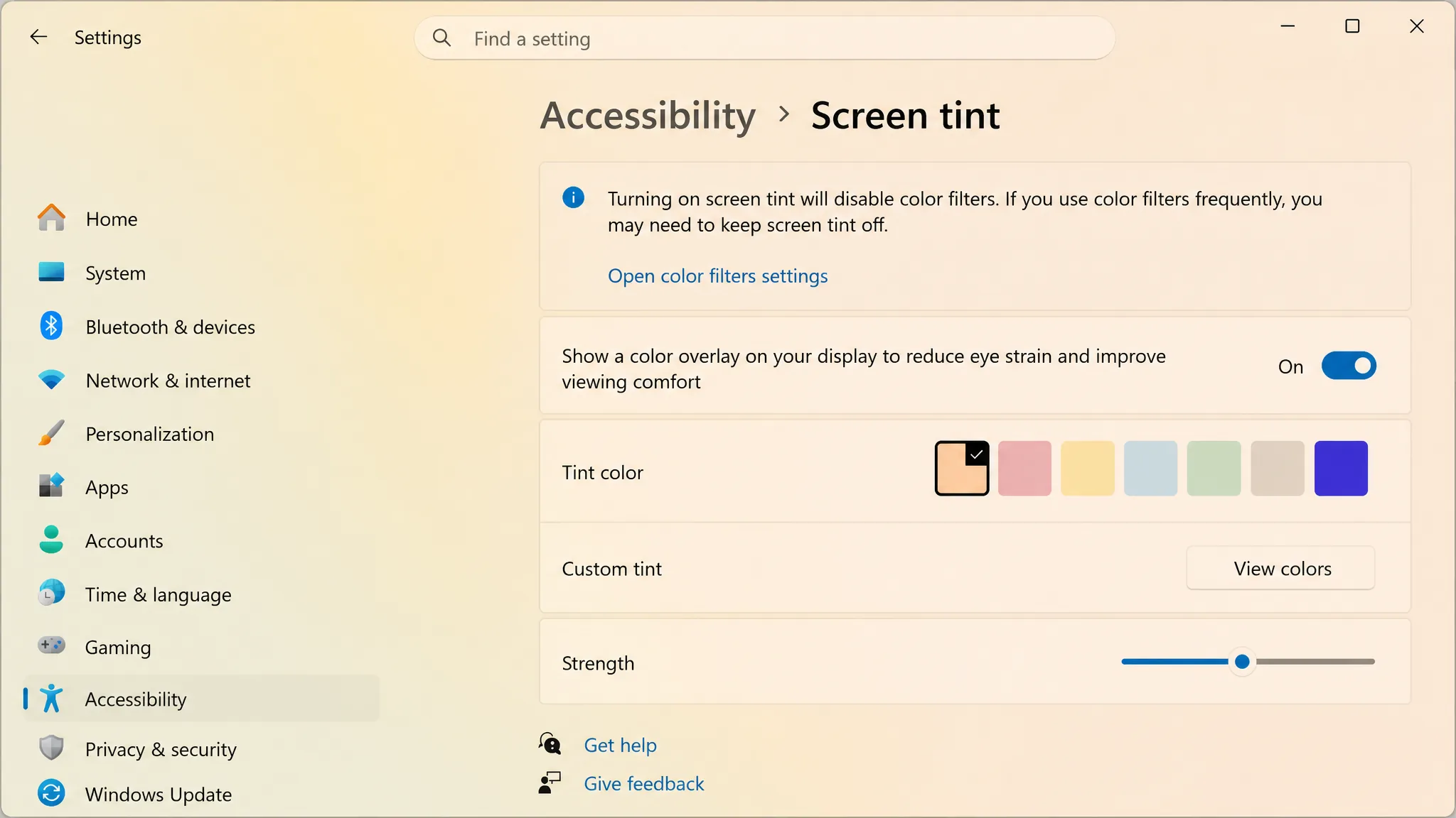 Screen Tint settings