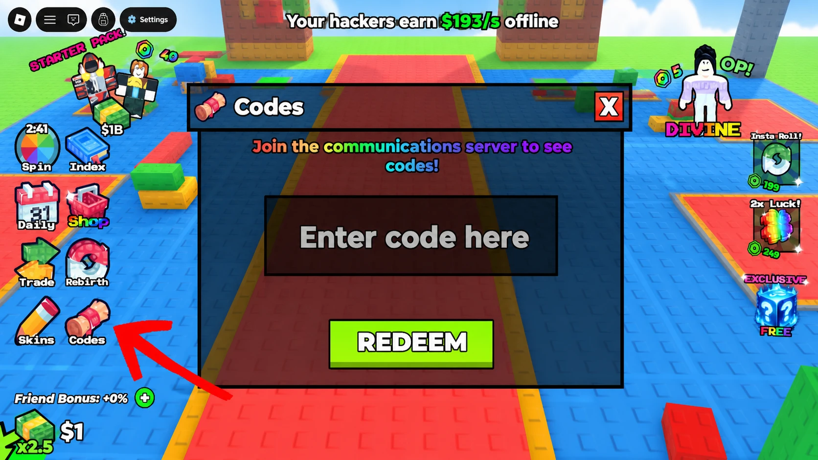Roblox Fight for Hackers code system. Arrow pointing to the Codes button