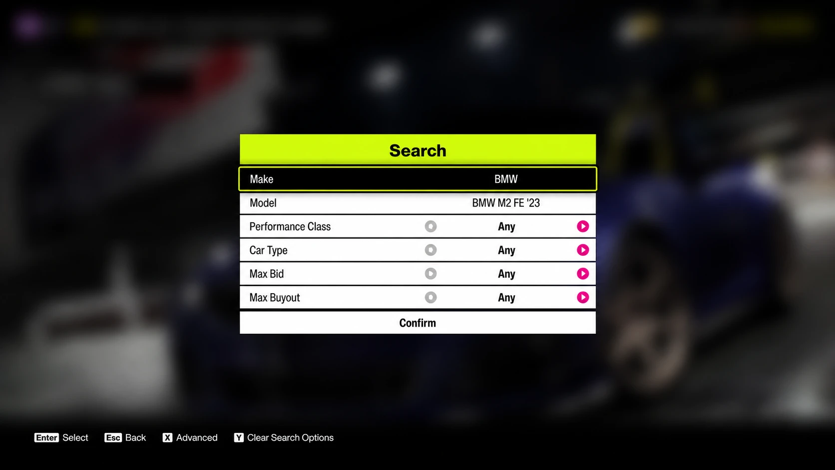 A player searching for a specific car with filters in the Forza Horizon 6 Auction House