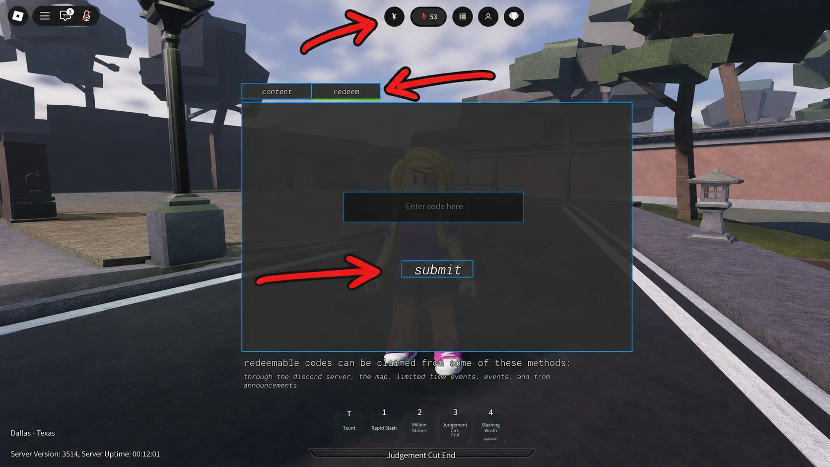 Vergil Game codes redemption screen showing the arrow pointing to the Menu icon at the top, and the code redemption system