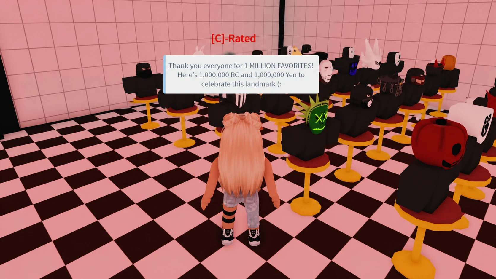 Roblox Ro Ghoul codes: a character stands in the diner in Ro Ghoul with a message above her head reading "Thank you everyone for 1 million favorites! Here;s 1,000,000 RC and 1,000,000 Yen to celebrate this landmark"