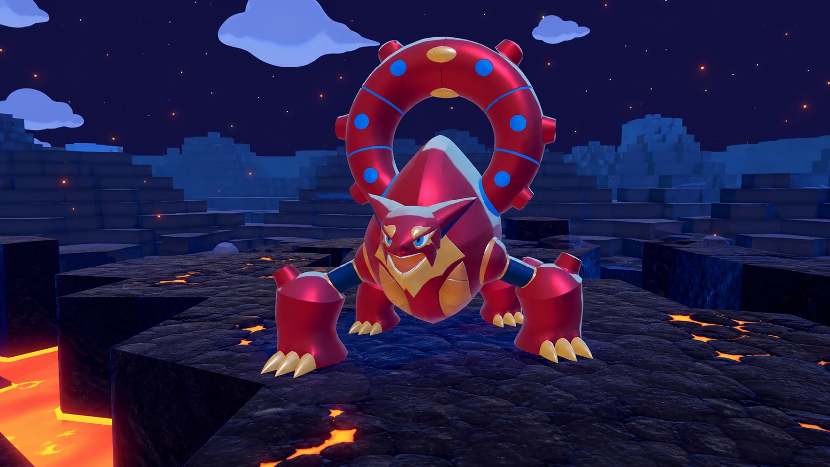 Pokopia legendary Pokemon: Volcanion yelling atop a scorched platform with a PT logo in the top right corner