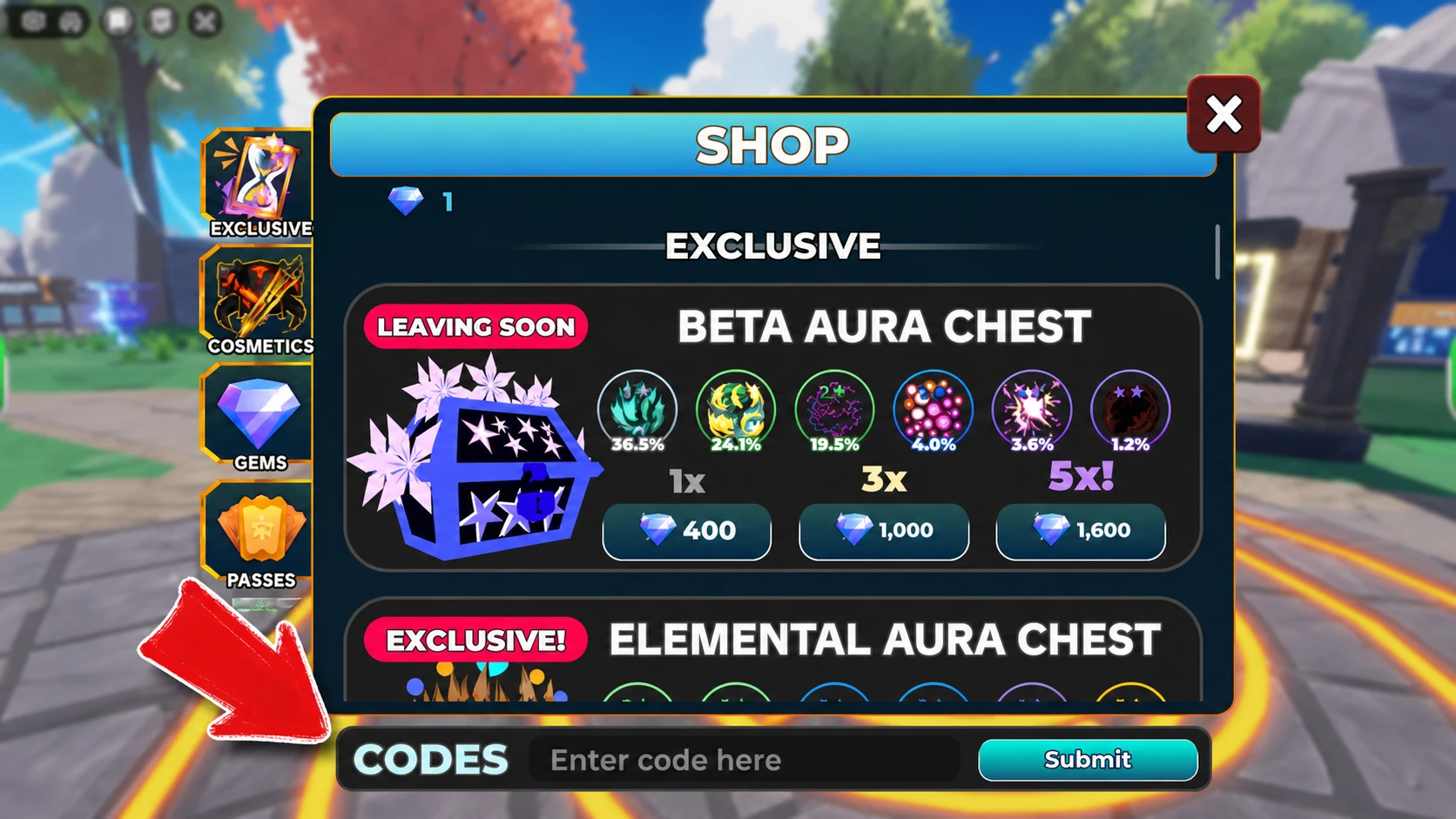 The Slime Seas shop menu showing the codes input box at the bottom of the panel
