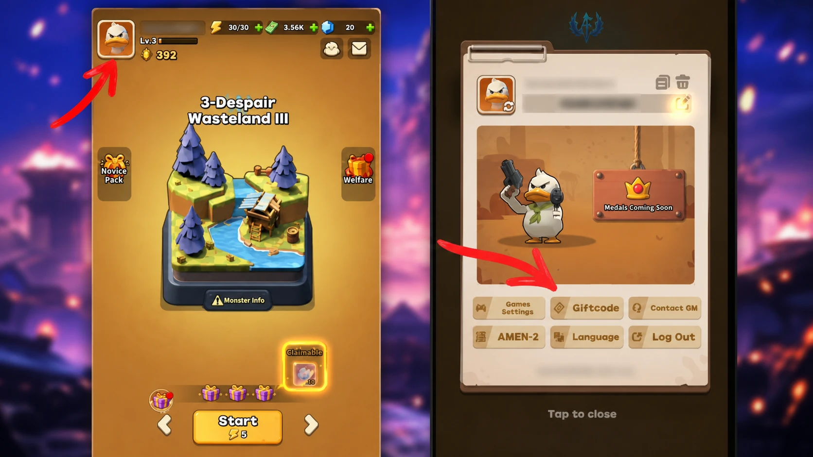 Duck Survival codes redemption screen showing the arrow pointing to the Profile icon at the top, and the code redemption system
