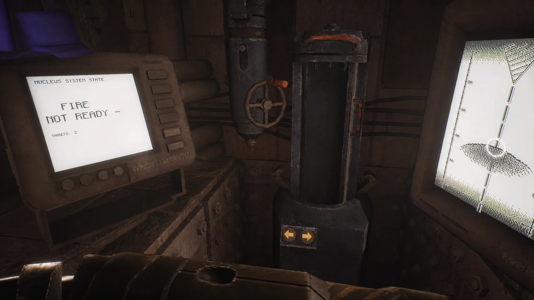 Placing a torpedo into open slot with explosive target on the right and message reading FIRE NOT READY on the left