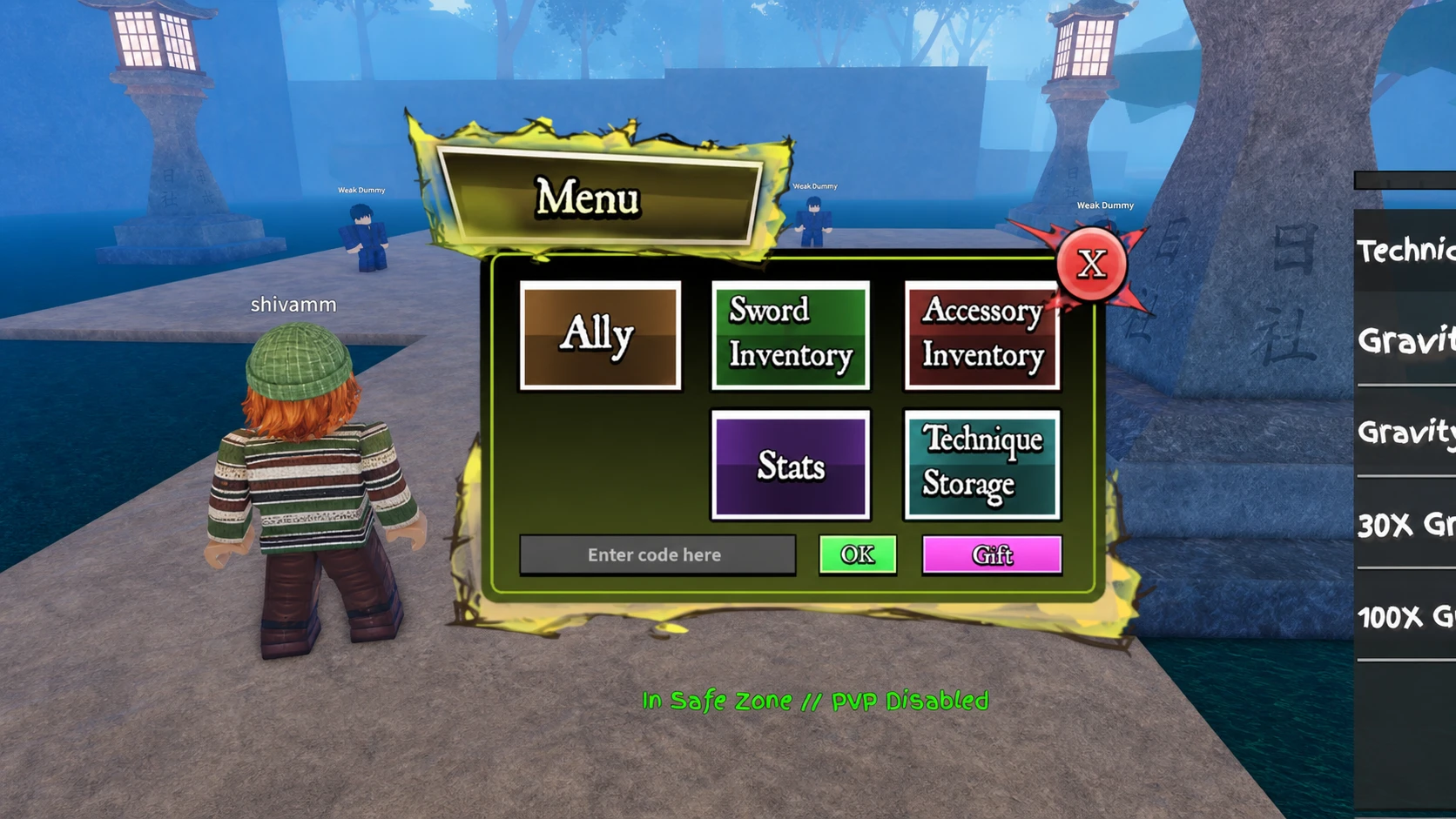 A screenshot of the Jujutsu Legacy codes redeem page