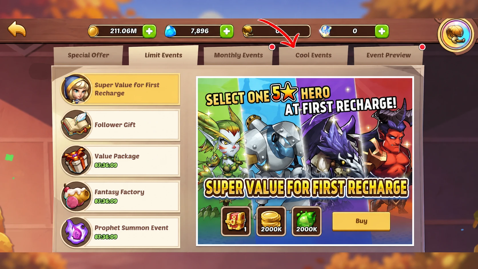 Idle Heroes Cool Events tab
