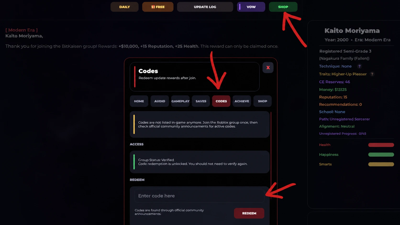 A screen showing how to redeem codes through the shop in BitKaisen