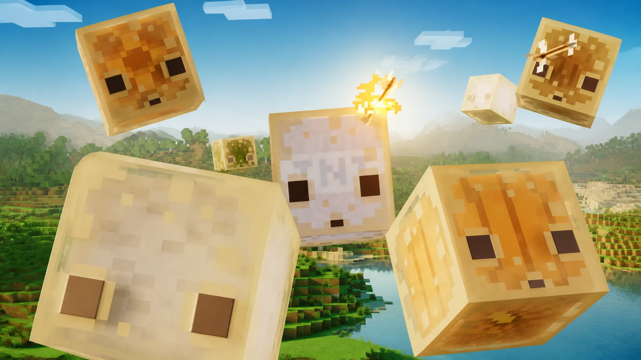 A group of sulfur cubes jumping in the air in minecraft