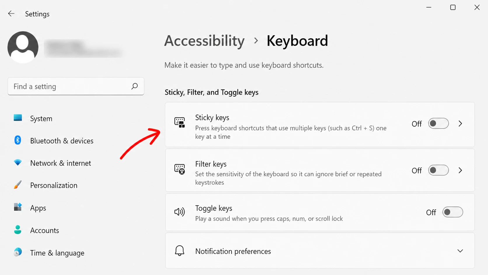disable sticky and filter keys Windows 11