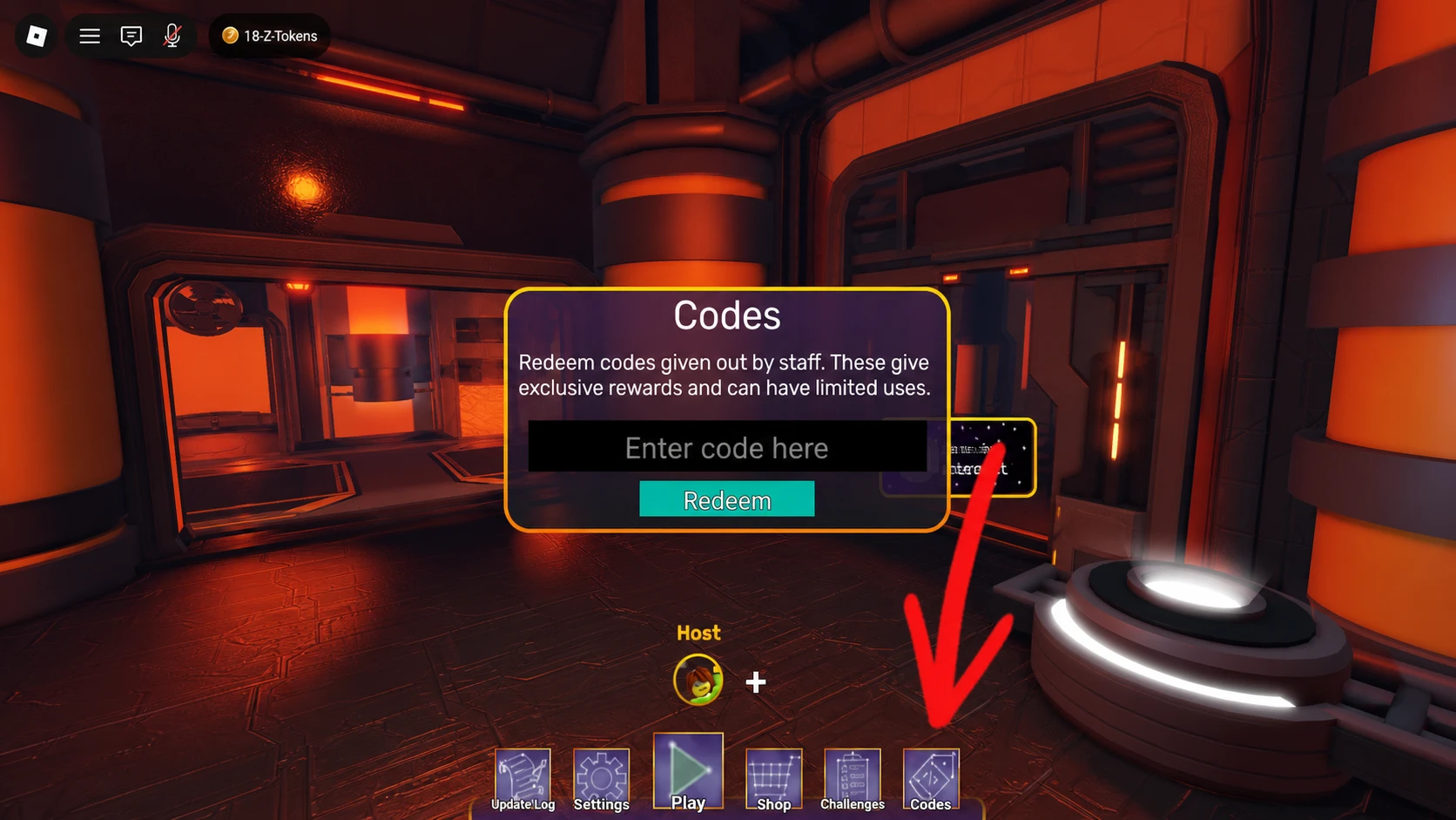 Roblox Reminiscence Zombies code system. Arrow pointing to the codes button