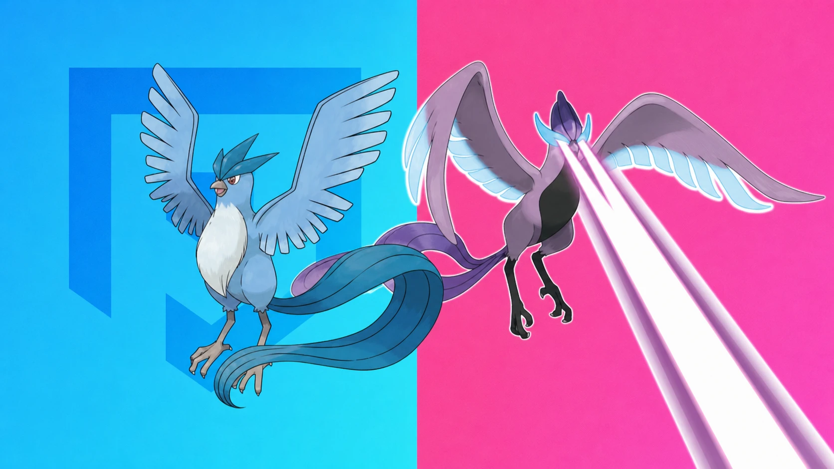 The two forms of the Pokemon Articuno on a blue and pink background