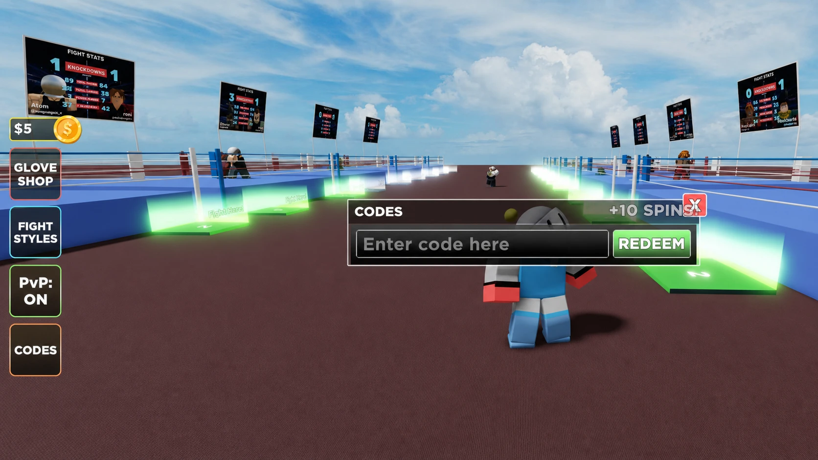 A screenshot of the Untitled Boxing Game codes redemption menu