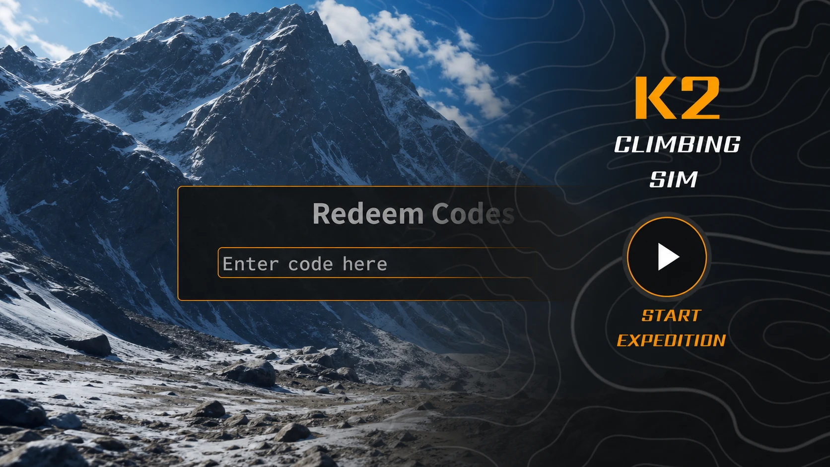 K2 Climbing Simulation codes: a redemption screen in front of a mountain