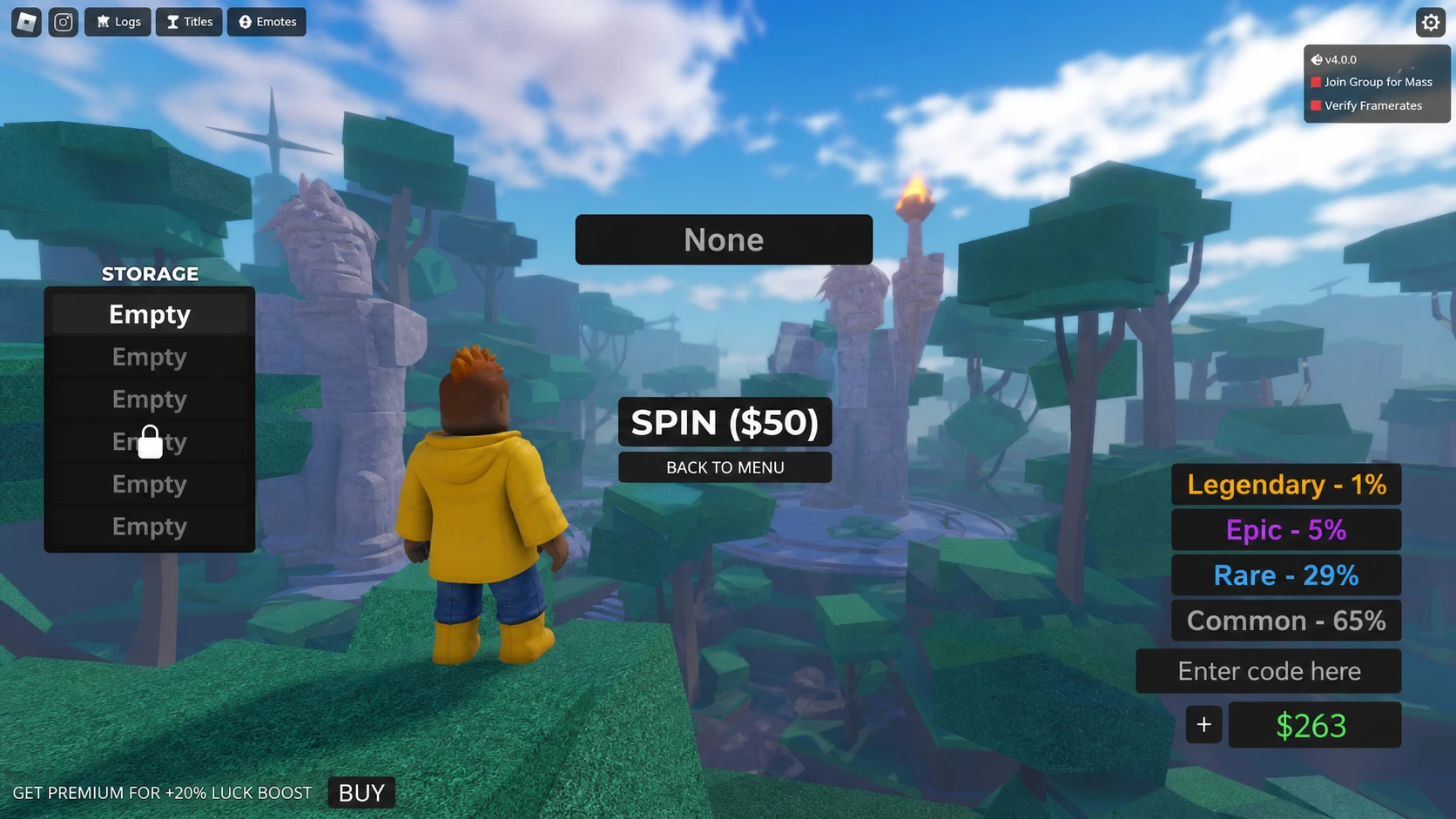 Element Battle codes: An image of the Roblox Element Battle code redeem screen