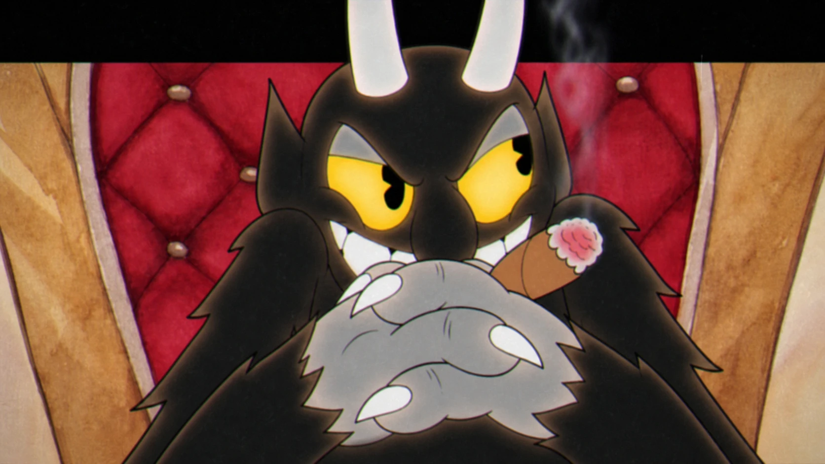 Cuphead Devil with a cigar in his mouth sitting in his chair with his hands clasped together