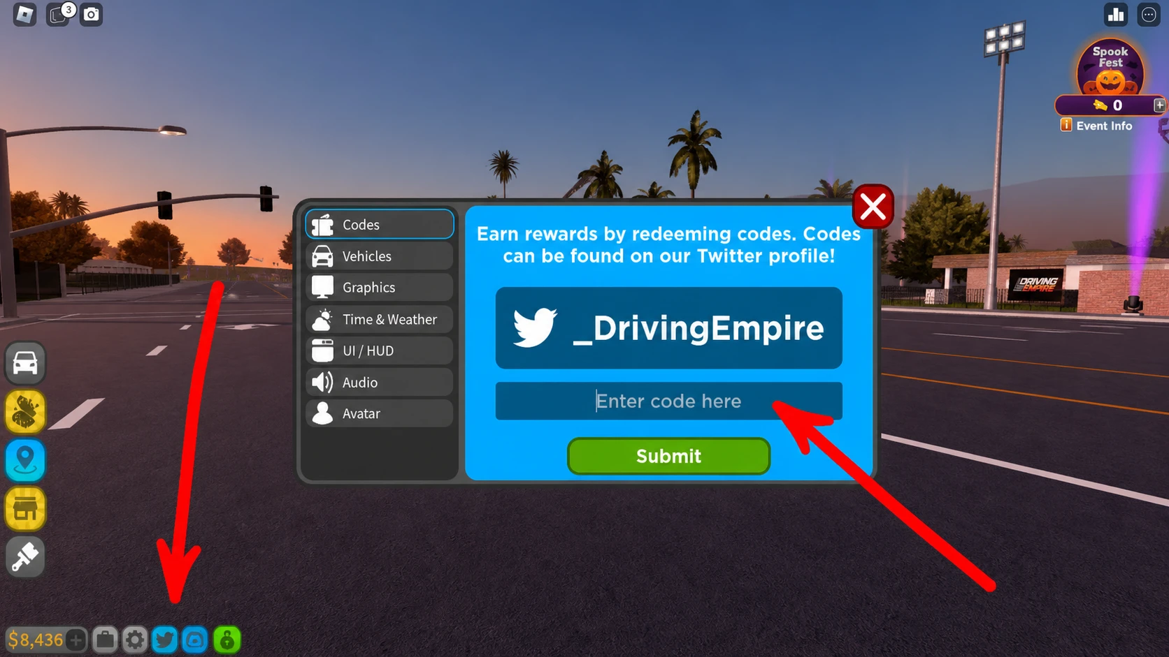 How to redeem codes in Driving Empire