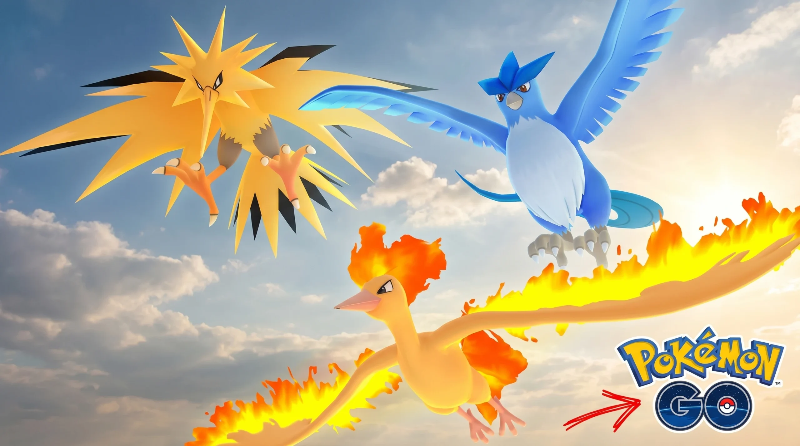 pokemon articuno, moltres, and zapdos flying in the sky