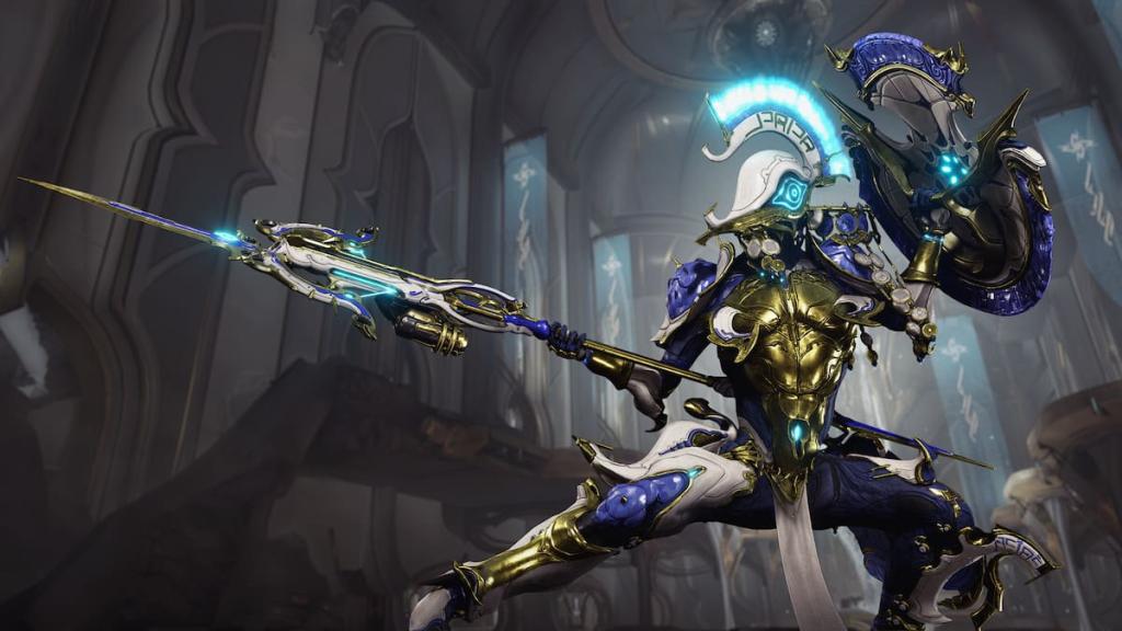 Styanax Prime with his Signature Afentis Prime speargun in Warframe