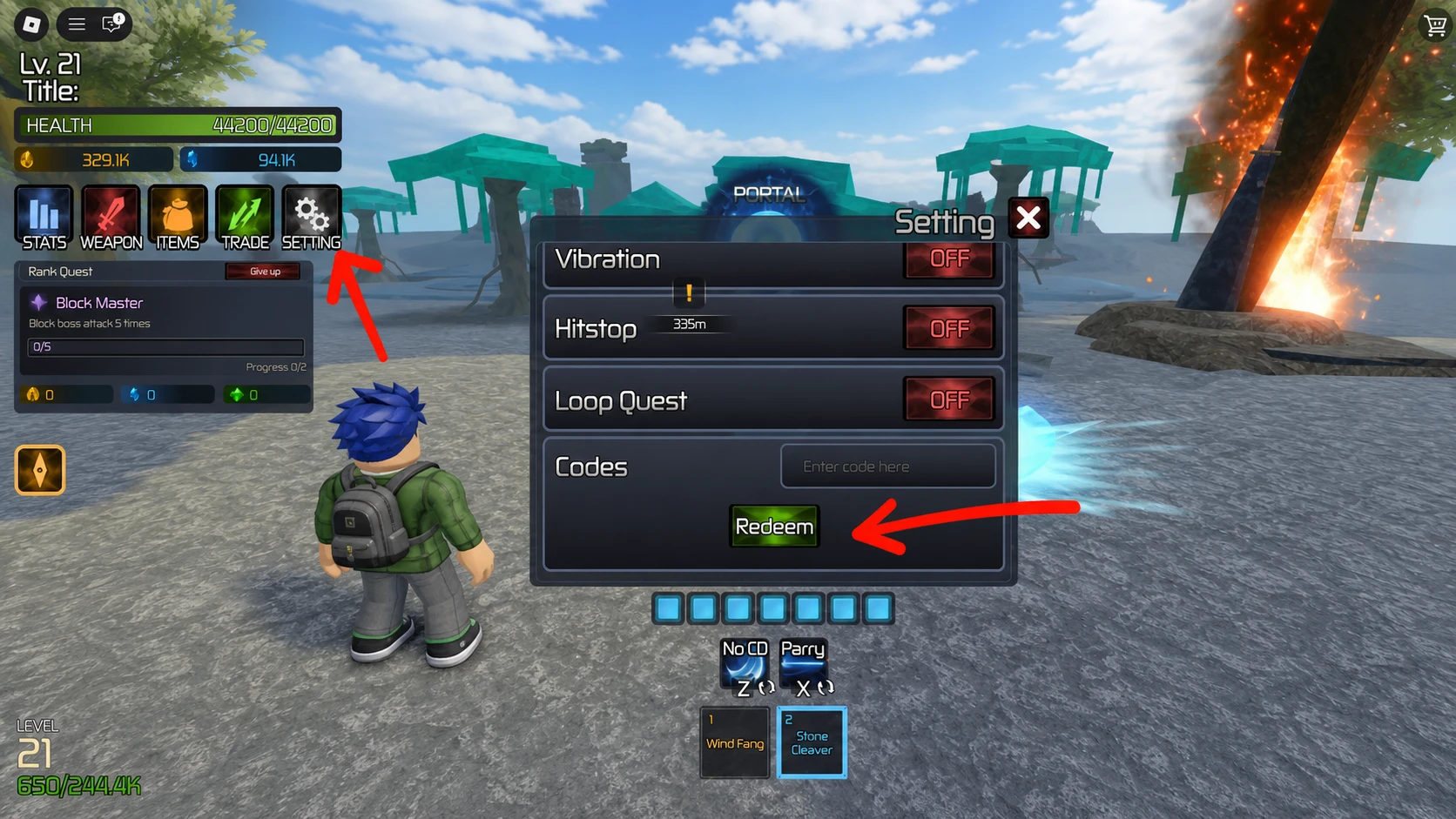 Roblox Broken Blade Codes redemption screen showing the arrow pointing to the Settings button on the left, and the code system