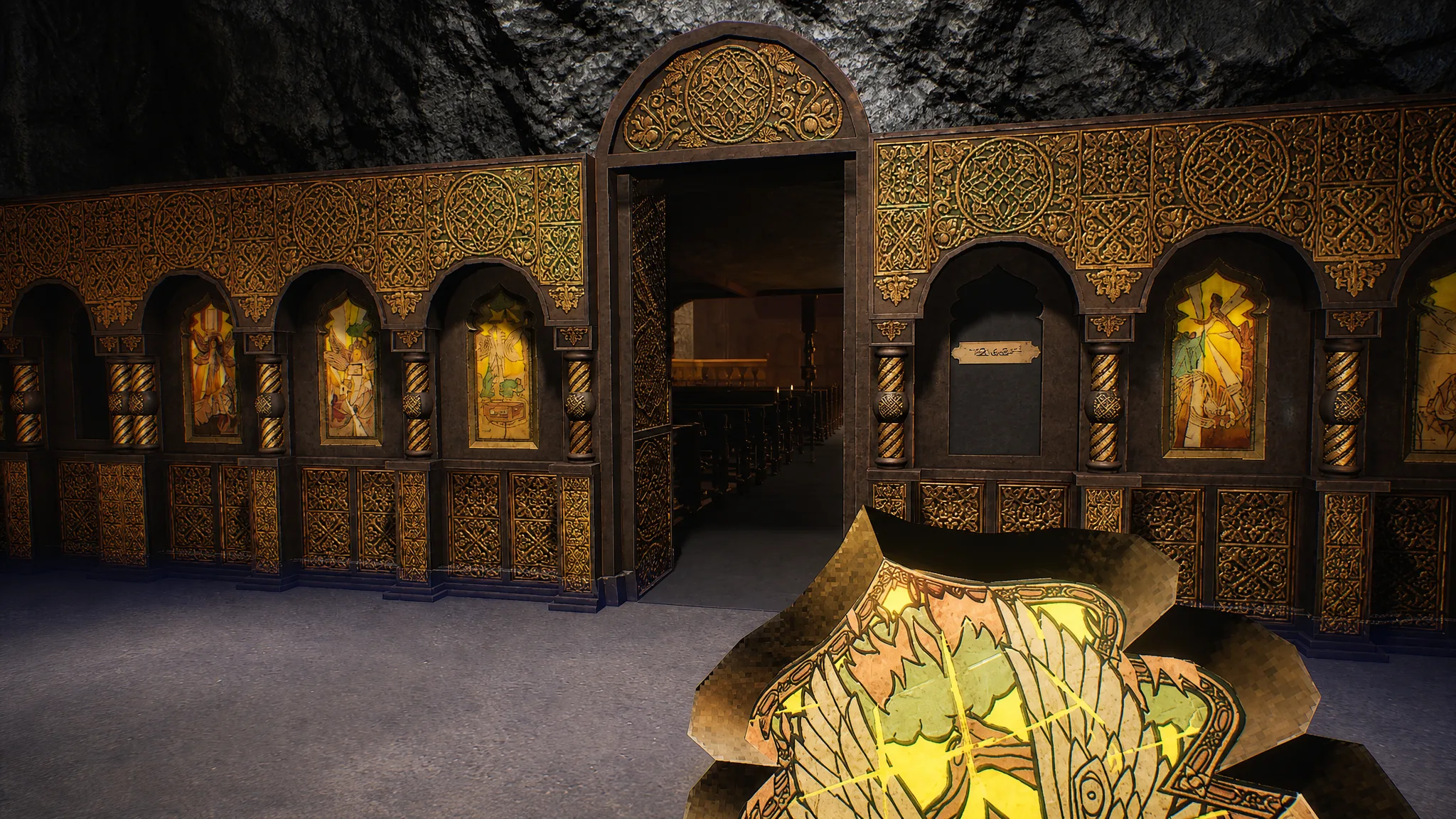 The religious mosaics telling the story of the White Rabbit (angel) lined up in correct order to open the door