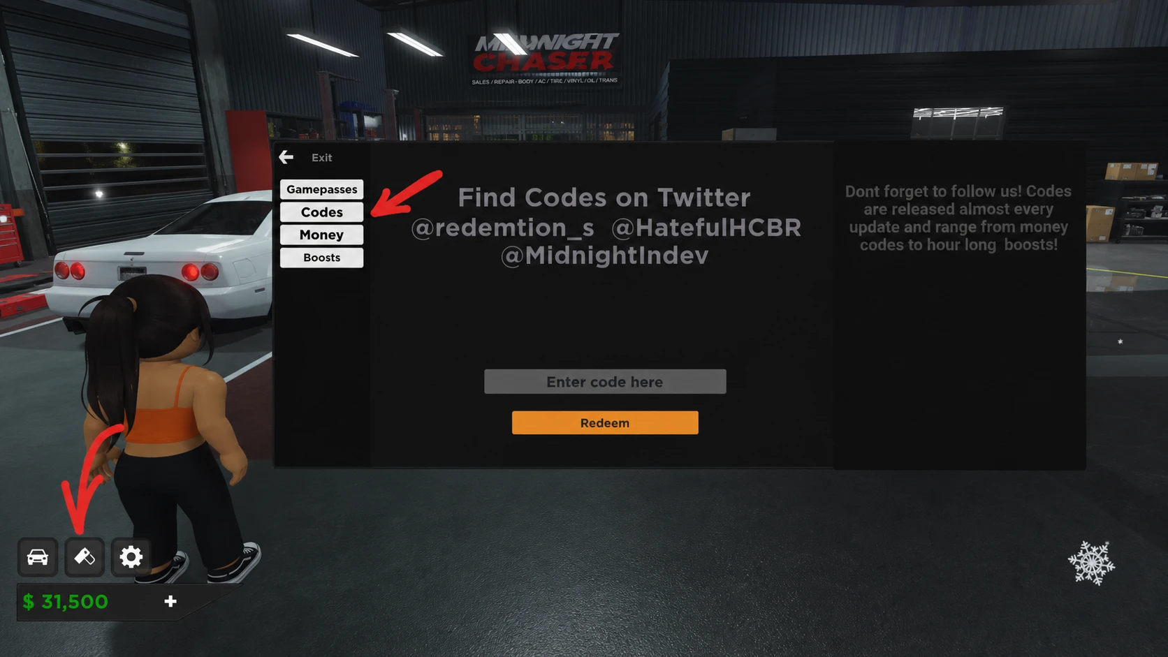 How to redeem codes in Midnight Chaser