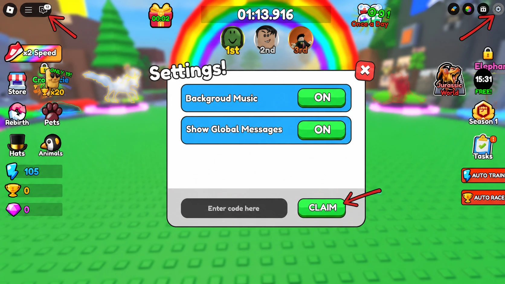 Animal Training code entry screen showing the settings menu and Enter Code field