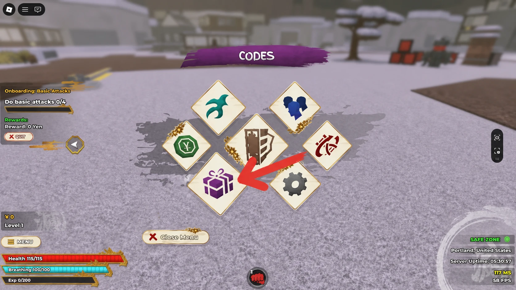 Weak Legacy 2 code redemption panel with the purple gift icon highlighted in the menu