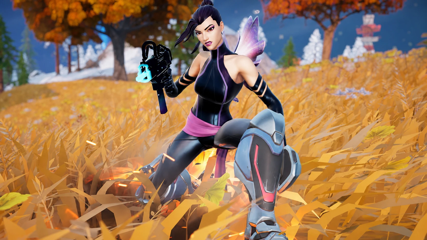 Psylocke holding a gun ans shooting while using seven sliders in fortnite