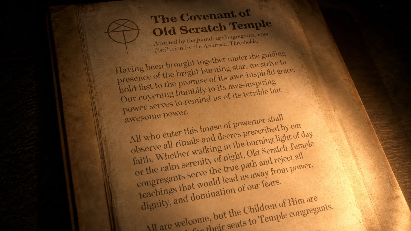 Old Temple scripture in Scratch Creek describing the religion's values and their racist ideologies