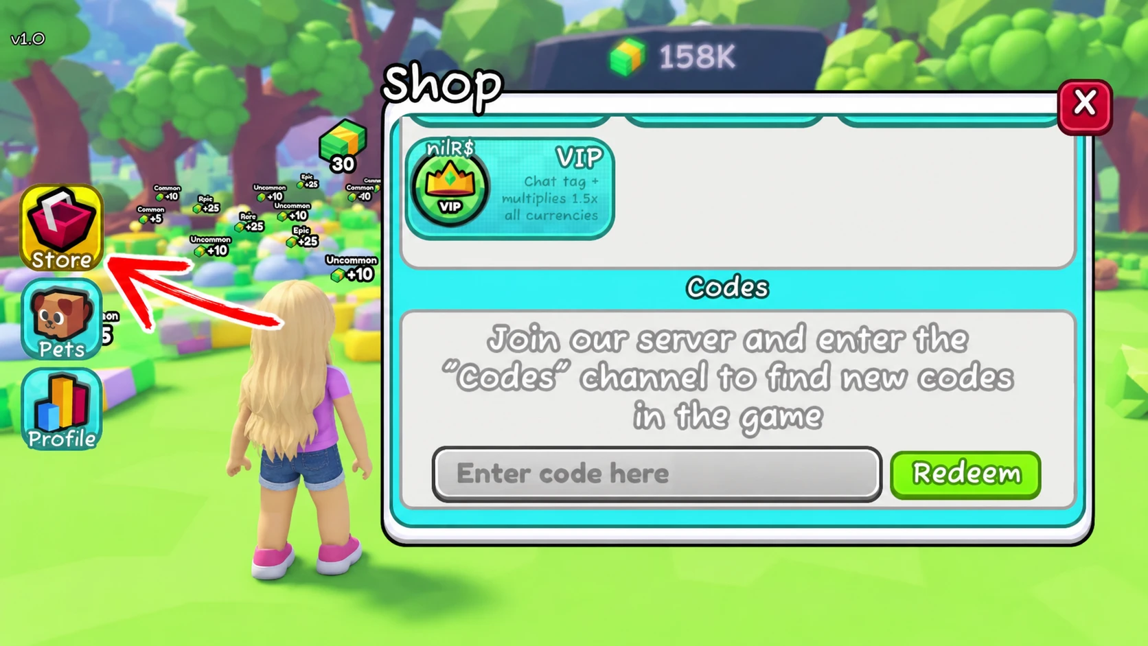 Roblox Pets RNG code system. Arrow pointing to the store button