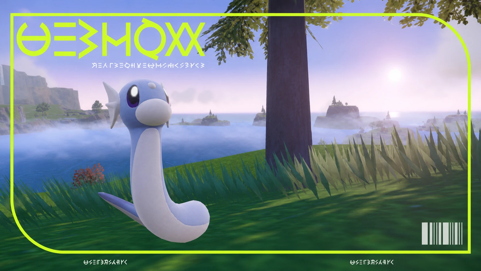 Pokemon Dratini: a small, blue dragon in front of a tree