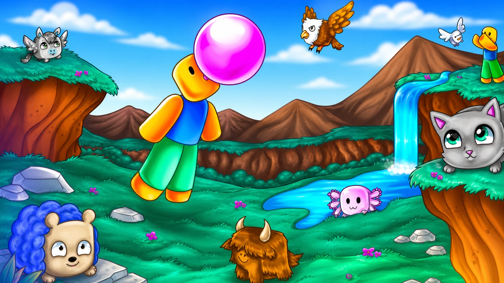 Key art for Bubble Gum Clicker with someone floating off for Roblox clicker guide