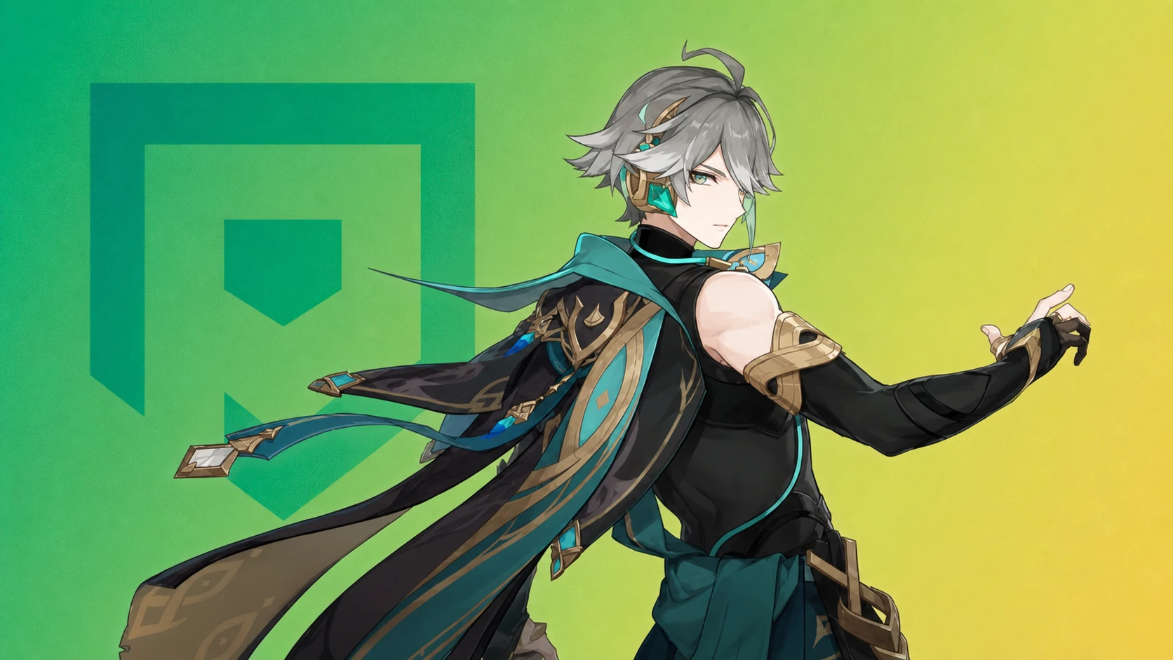 Genshin Impact Alhaitham's splash art on a green Pocket Tactics background